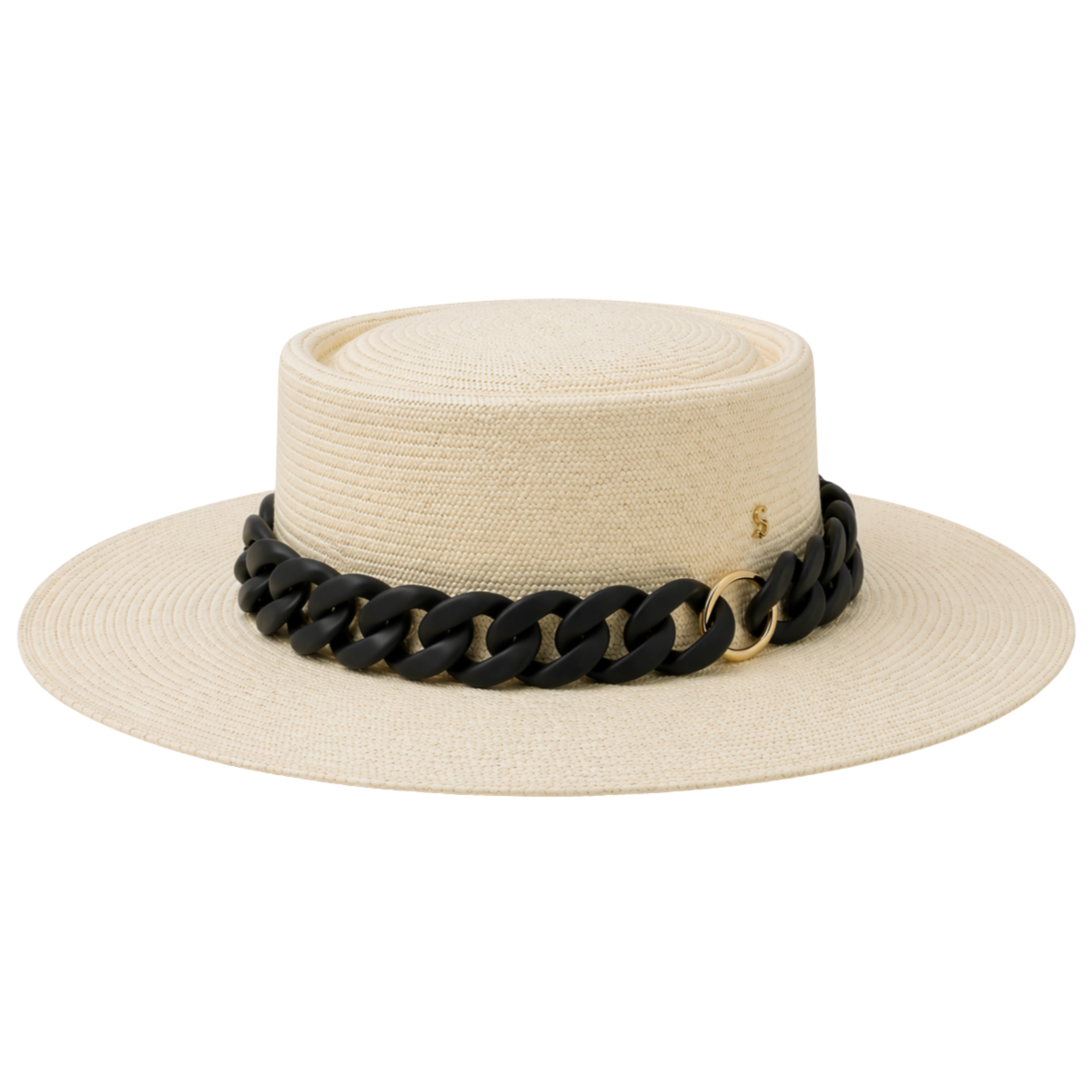 Storm by Montecristi 575 Toquilla Straw Hat with chunky resin chain, styled for luxury yacht travel and evening resort dining.