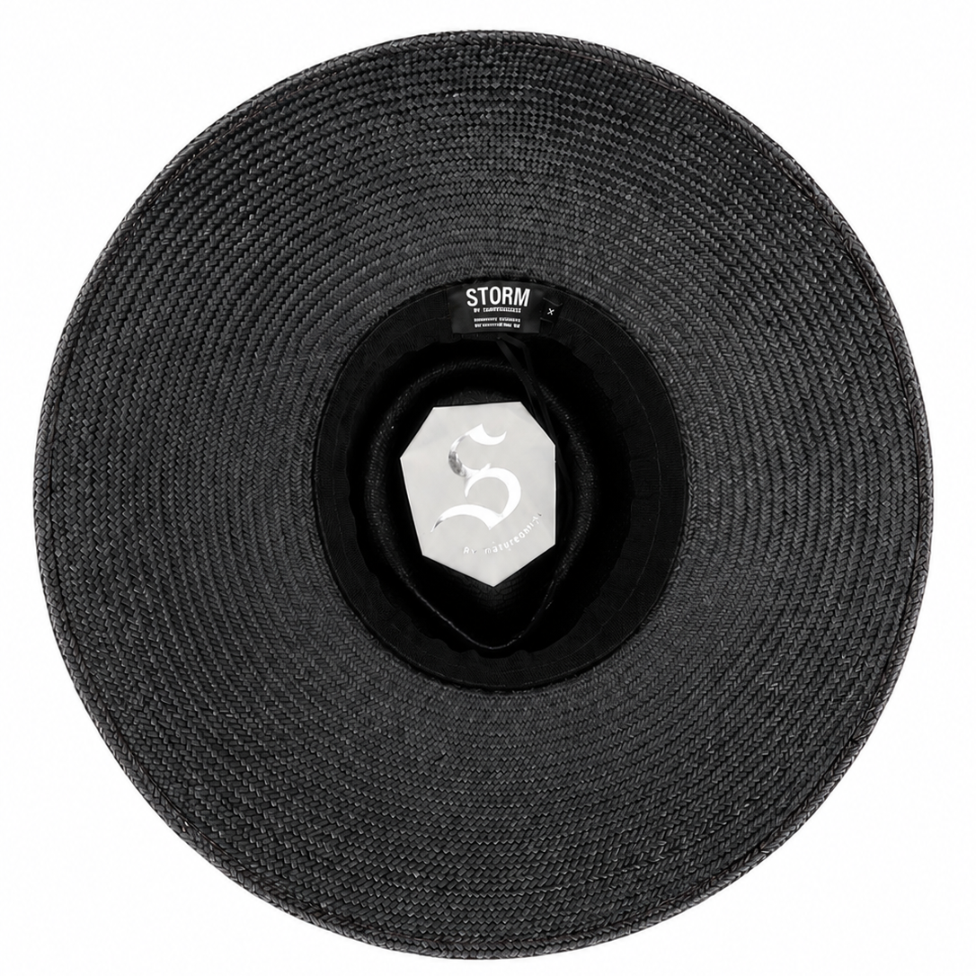 The frances black wide-brim Ecuadorian straw sunhat by Storm by Montecristi, featuring an adjustable cotton-blend, vegan sweatband.