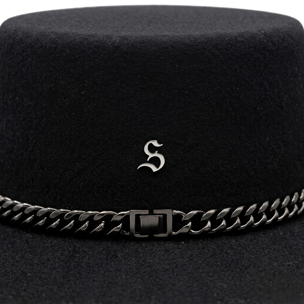Macro close-up of the solid Sterling Silver S logo pin and obsidian-coated Cuban link chain clasp on The Noir felt hat.