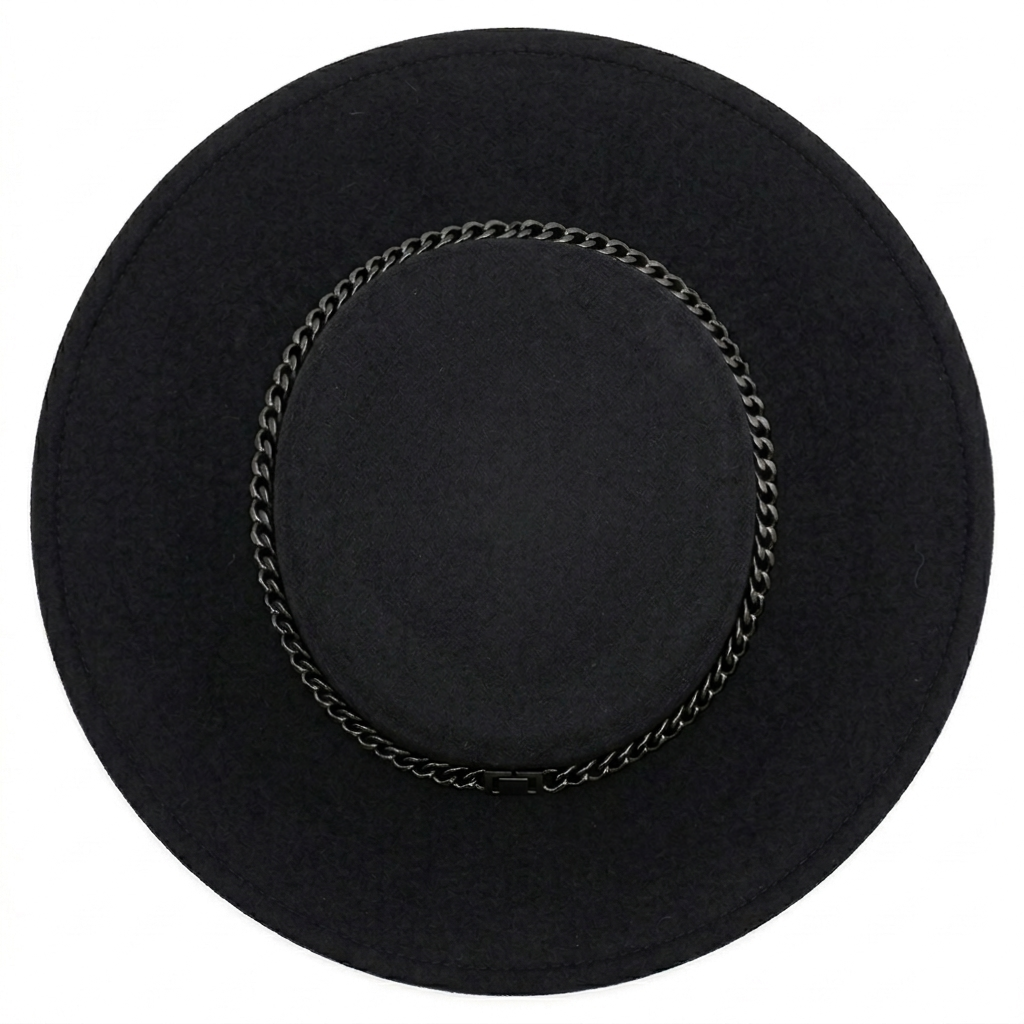 Overhead view of the crisp, circular flat crown and custom black chain band of The Noir bolero hat by Storm.