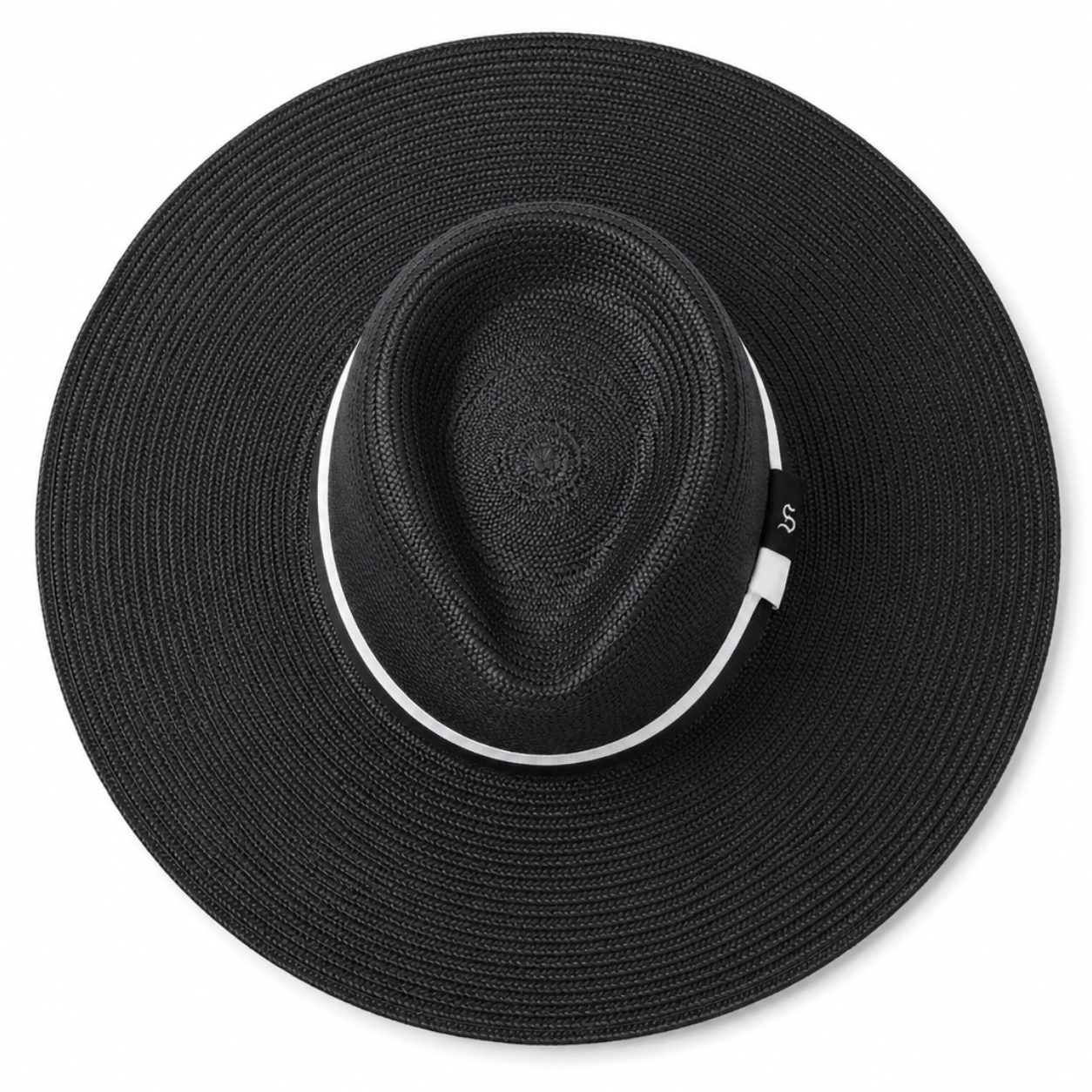 The frances black wide-brim Ecuadorian straw sunhat by Storm by Montecristi, featuring a teardrop style crown