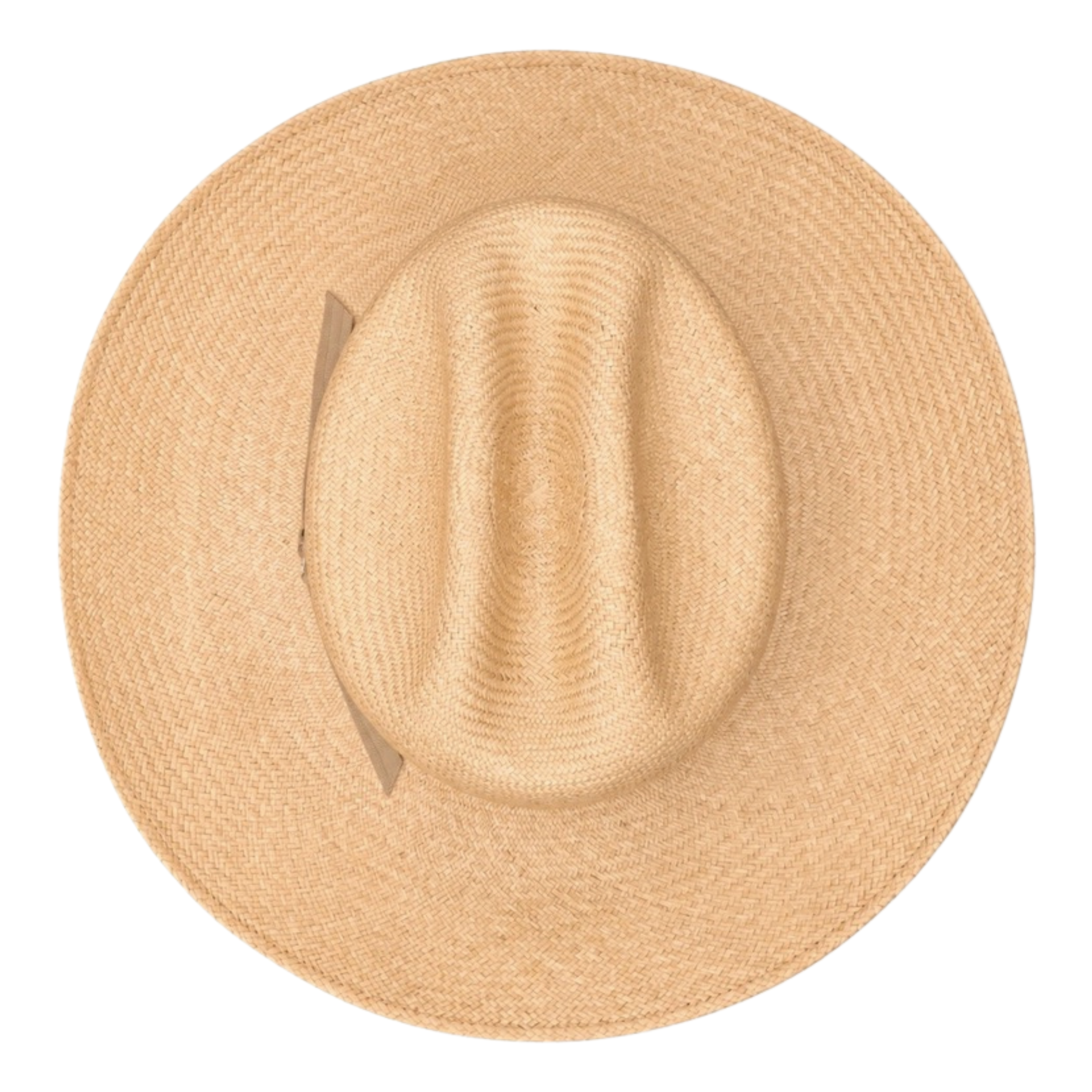 Overhead view of The Wrangler cowboy straw hat, showing the clean symmetry of the cattleman crease and 3 3/4 inch brim.