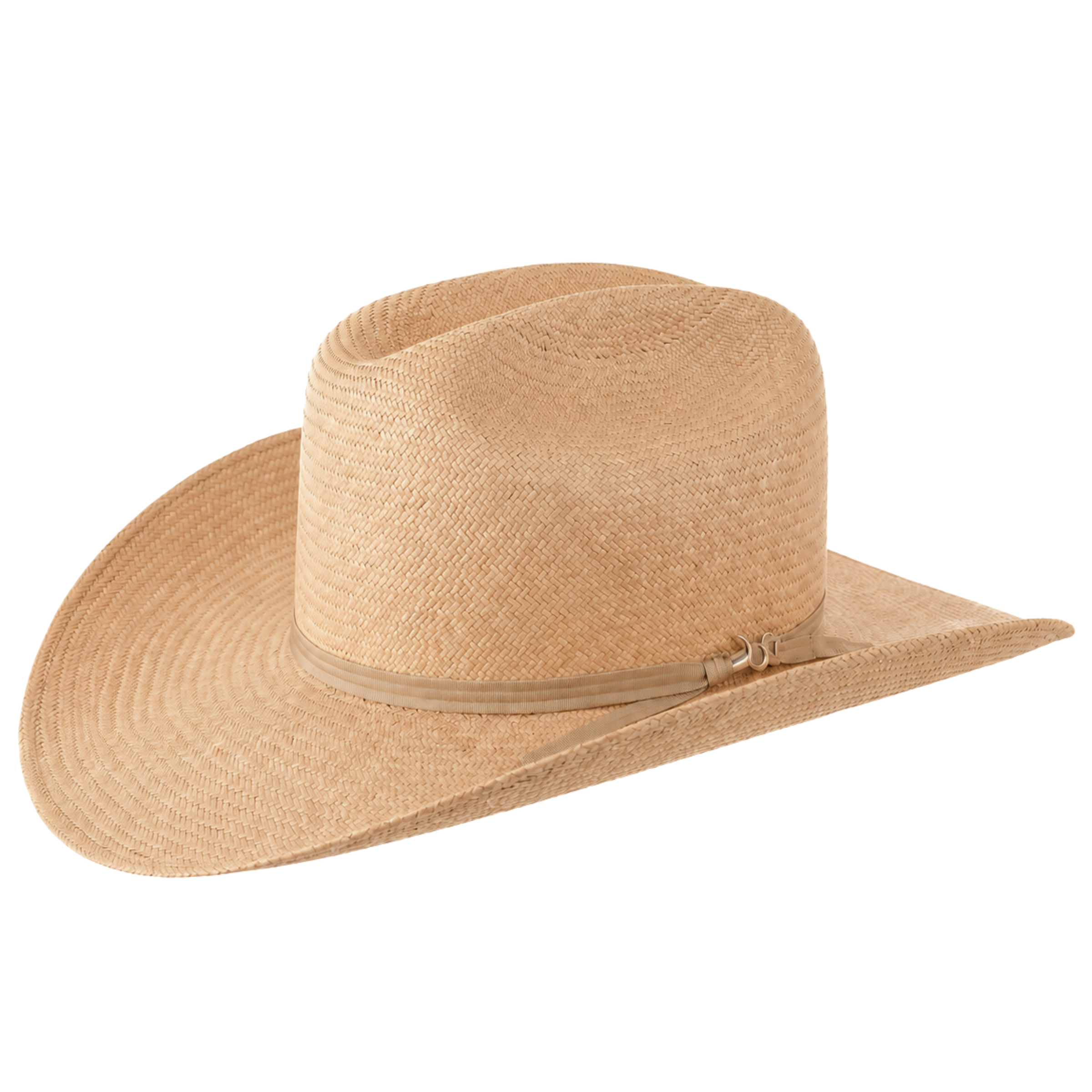 Full view of The Wrangler cowboy straw hat, showing the clean symmetry of the cattleman crease and 3 3/4 inch brim.