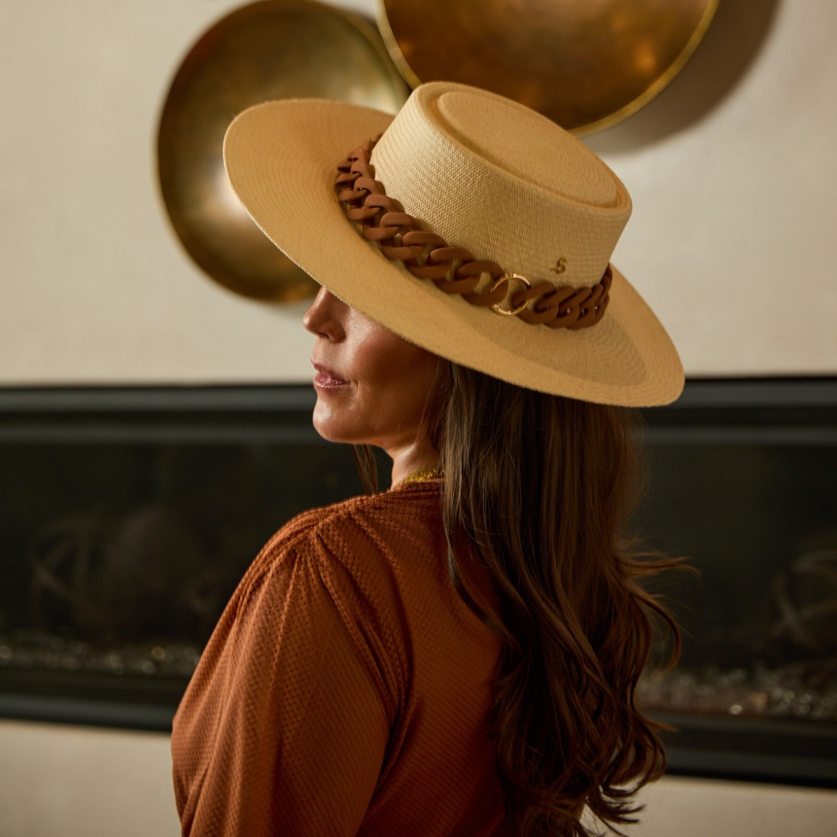 High-fashion, luxury styling of the 575 flat brimmed hat, with jewelry adornment handmade in Santa Fe, NM