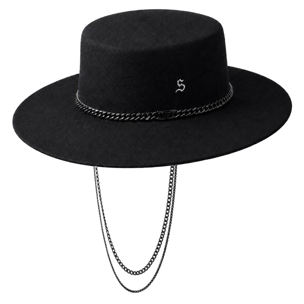 Side perspective of The Noir black bolero hat by Storm, detailing the 3.5 inch flat crown, 3 inch flat brim, and hand-forged sterling silver S logo pin.