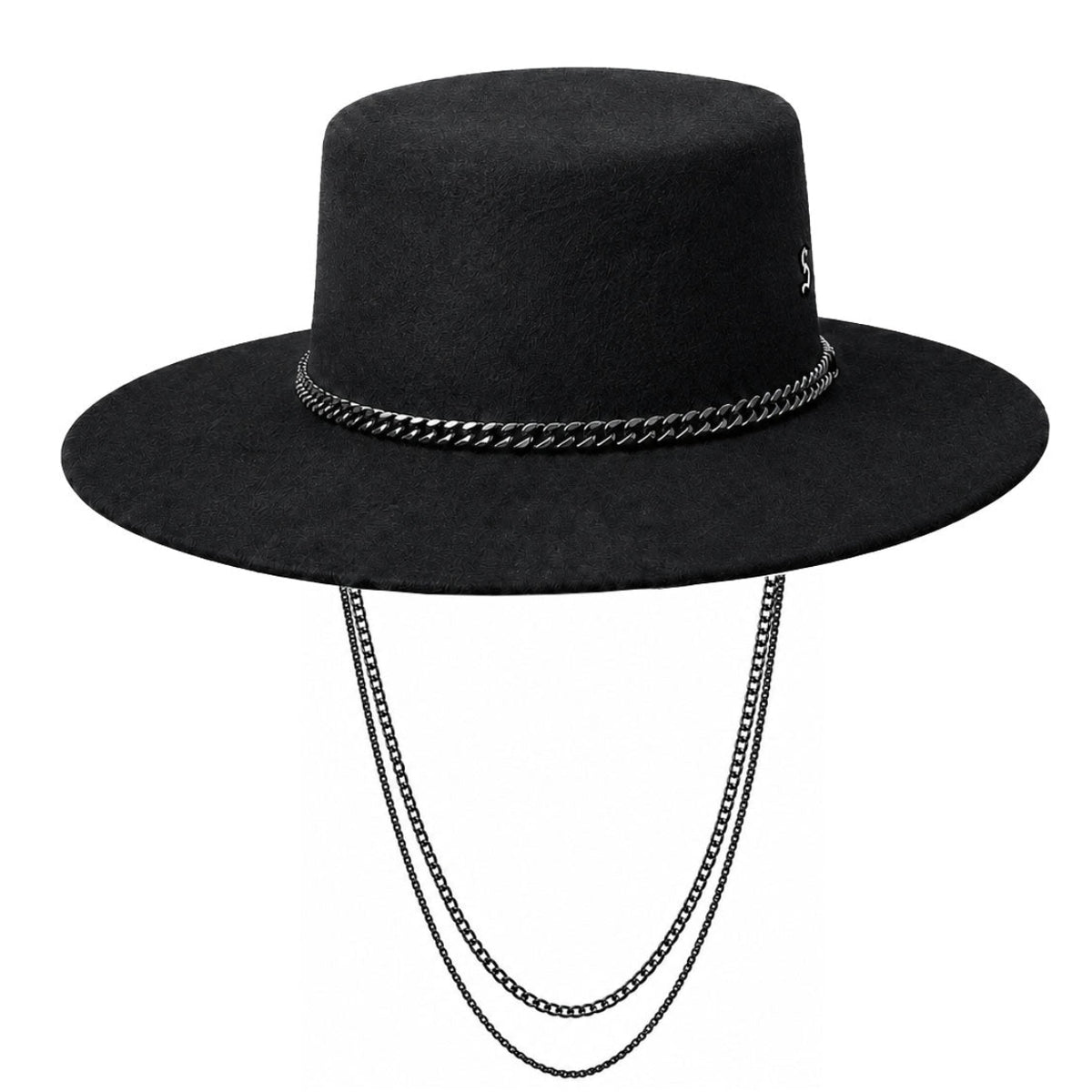 The Noir 100X pure beaver fur felt black bolero hat by Storm, featuring a black Cuban link chain band and draped dual chain chin straps.