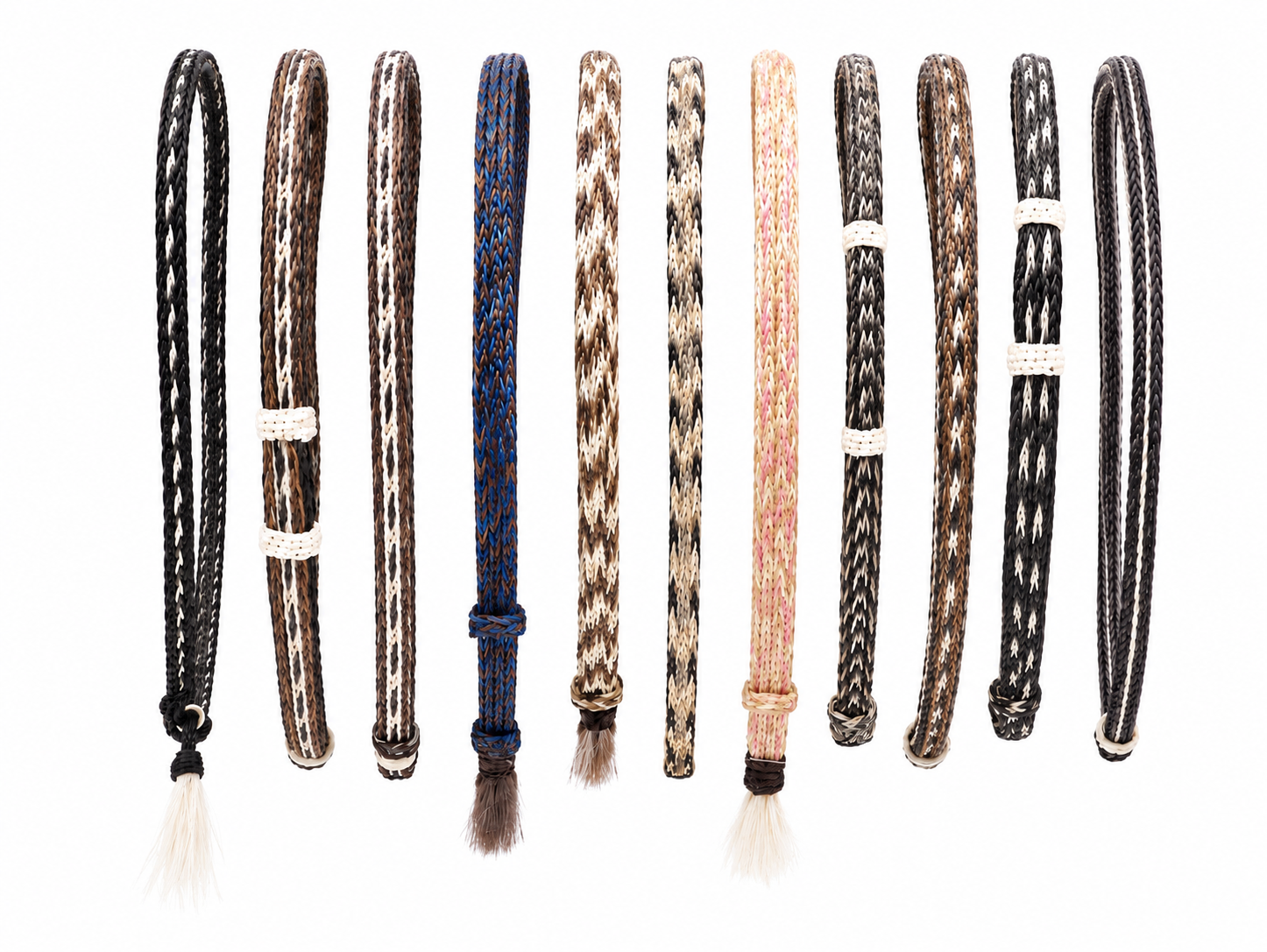 A collection of premium hand-woven horsehair hatbands by Storm by Montecristi, showing various geometric patterns and single and no tail options.