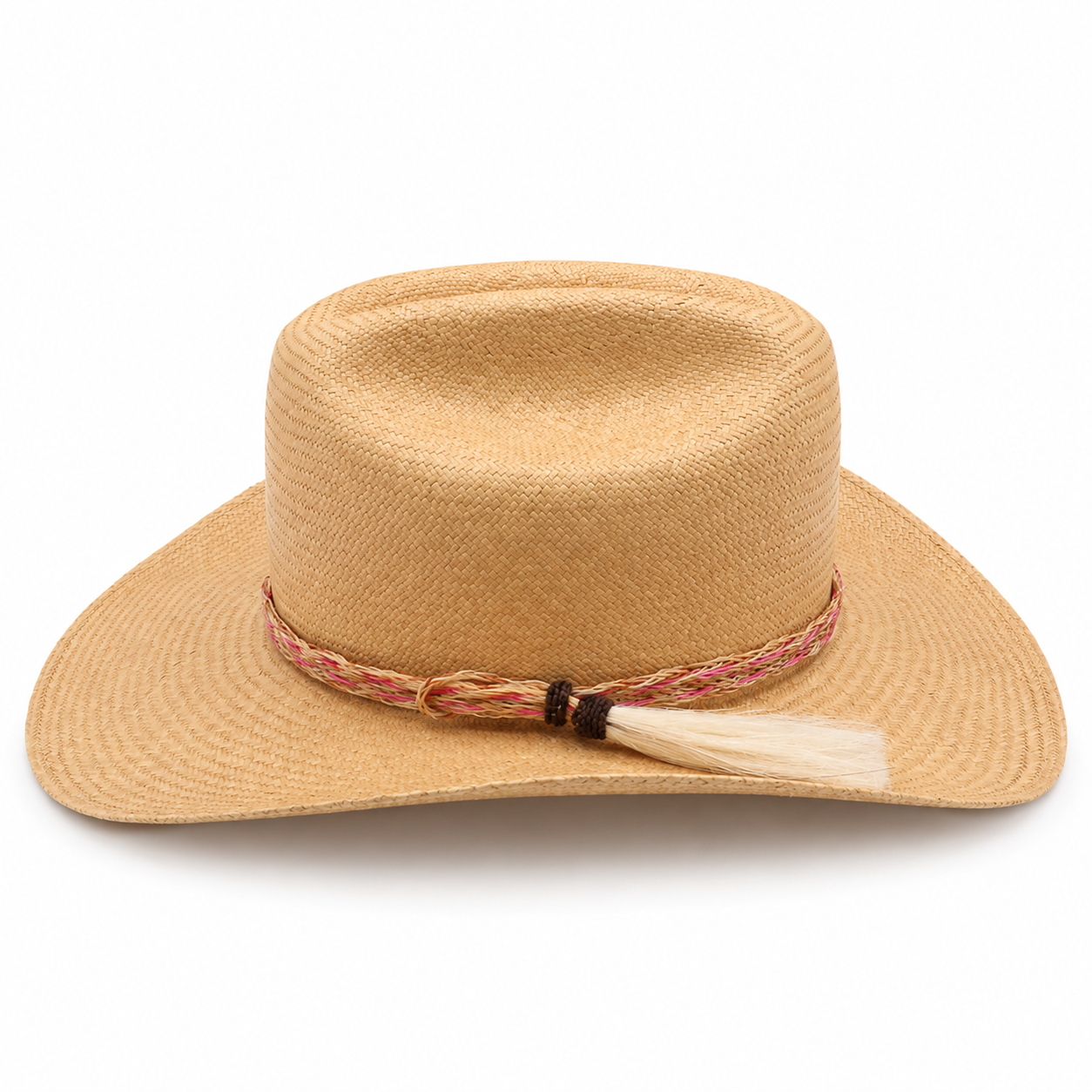 Close-up styling of a multi-layer hand-braided horsehair hatband featuring cream, black, and pink chevron weaves on a sand-colored western straw hat.