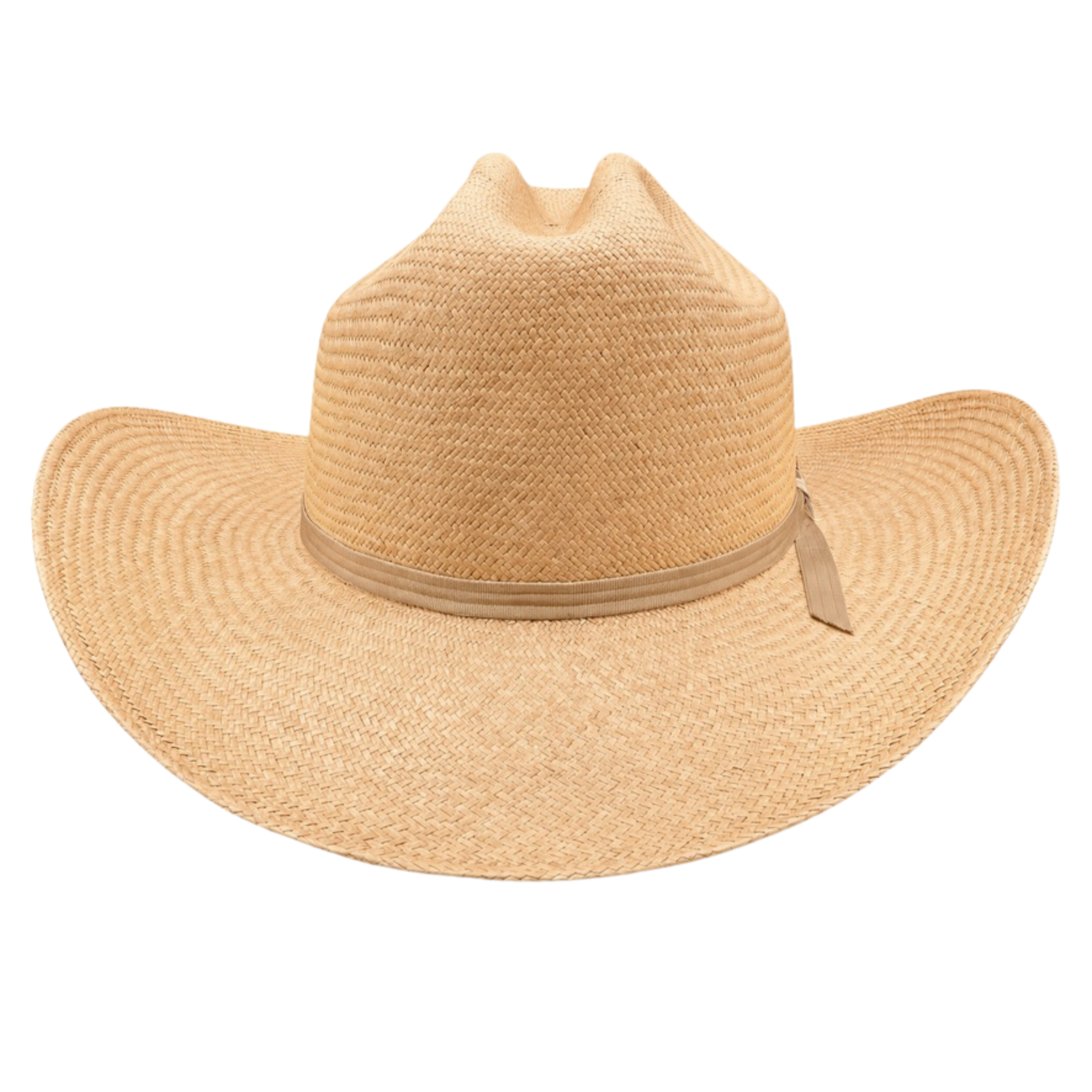 Front view of The Wrangler luxury western straw hat, detailing the 3 3/4 inch rolled brim and earth-toned Dust color.