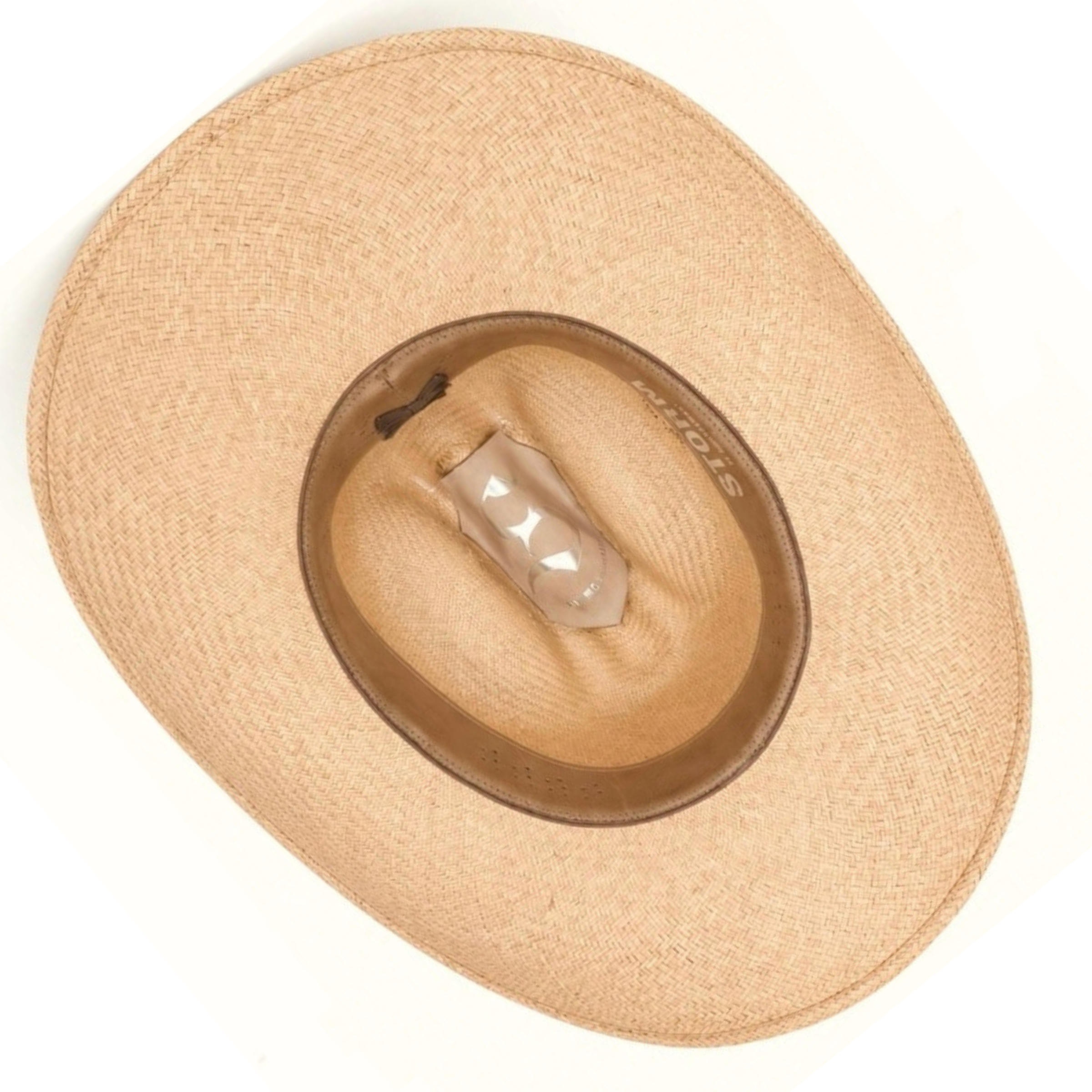 Interior shot of The Wrangler luxury western straw hat, detailing the calfskin leather sweatband